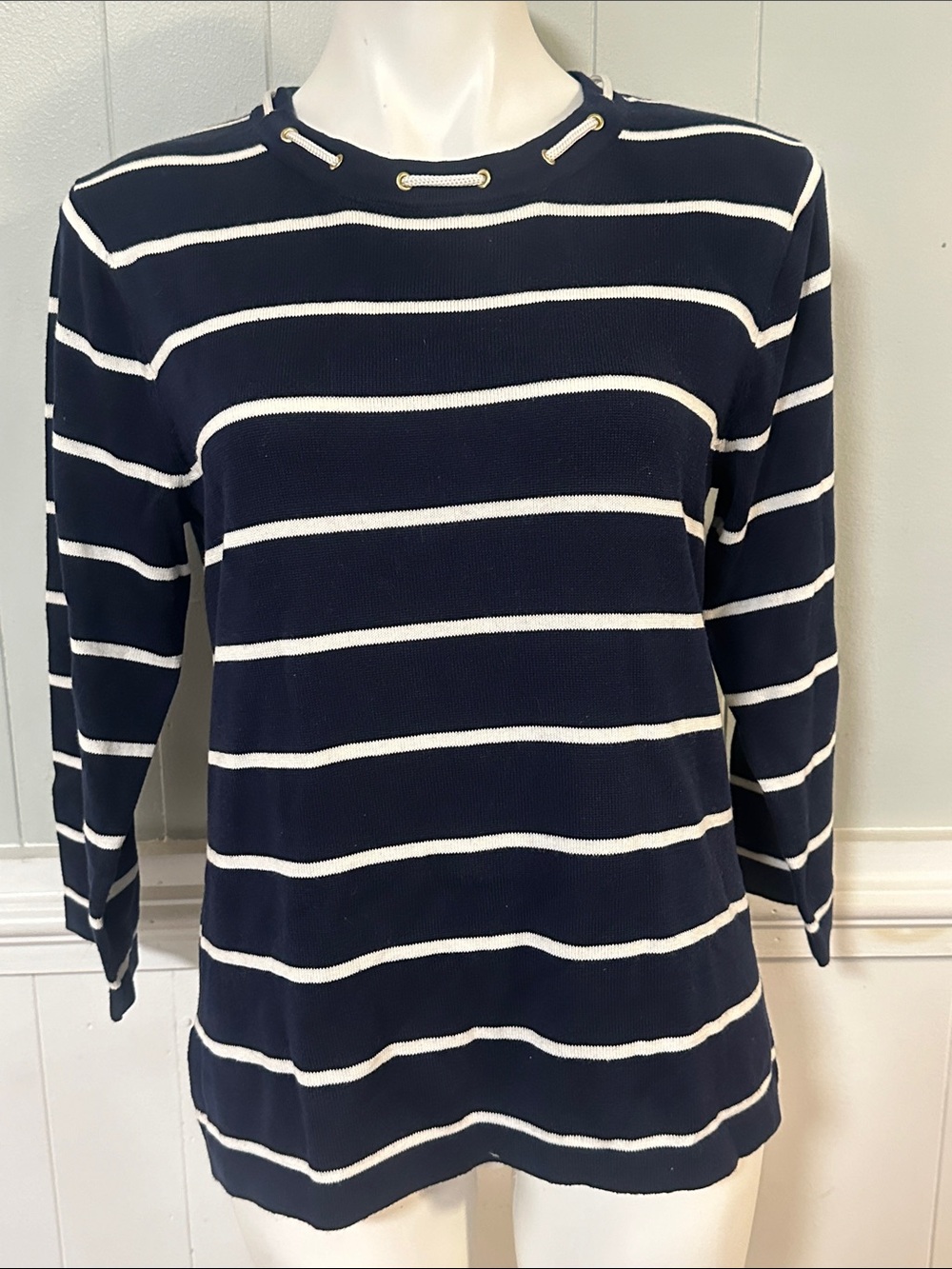 Striped Navy and White Crewneck Pullover with Grommet Detail